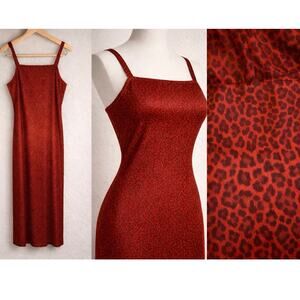 AGB Dress Y2K Red Leopard Slip Maxi Dress Size 16 Made USA Square Neck